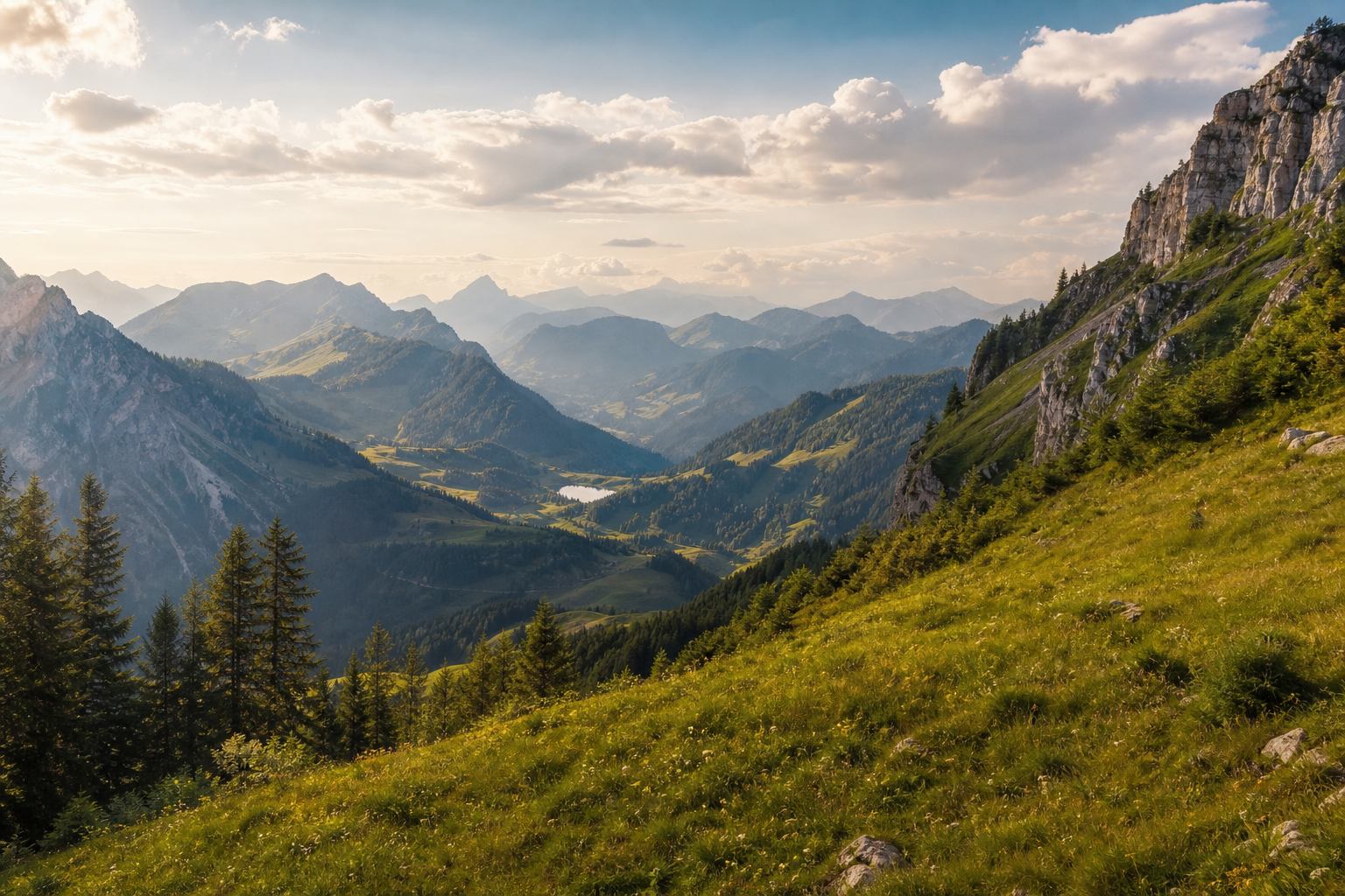 Panorama der Bayerischen Alpen mit Tal und Bergsee