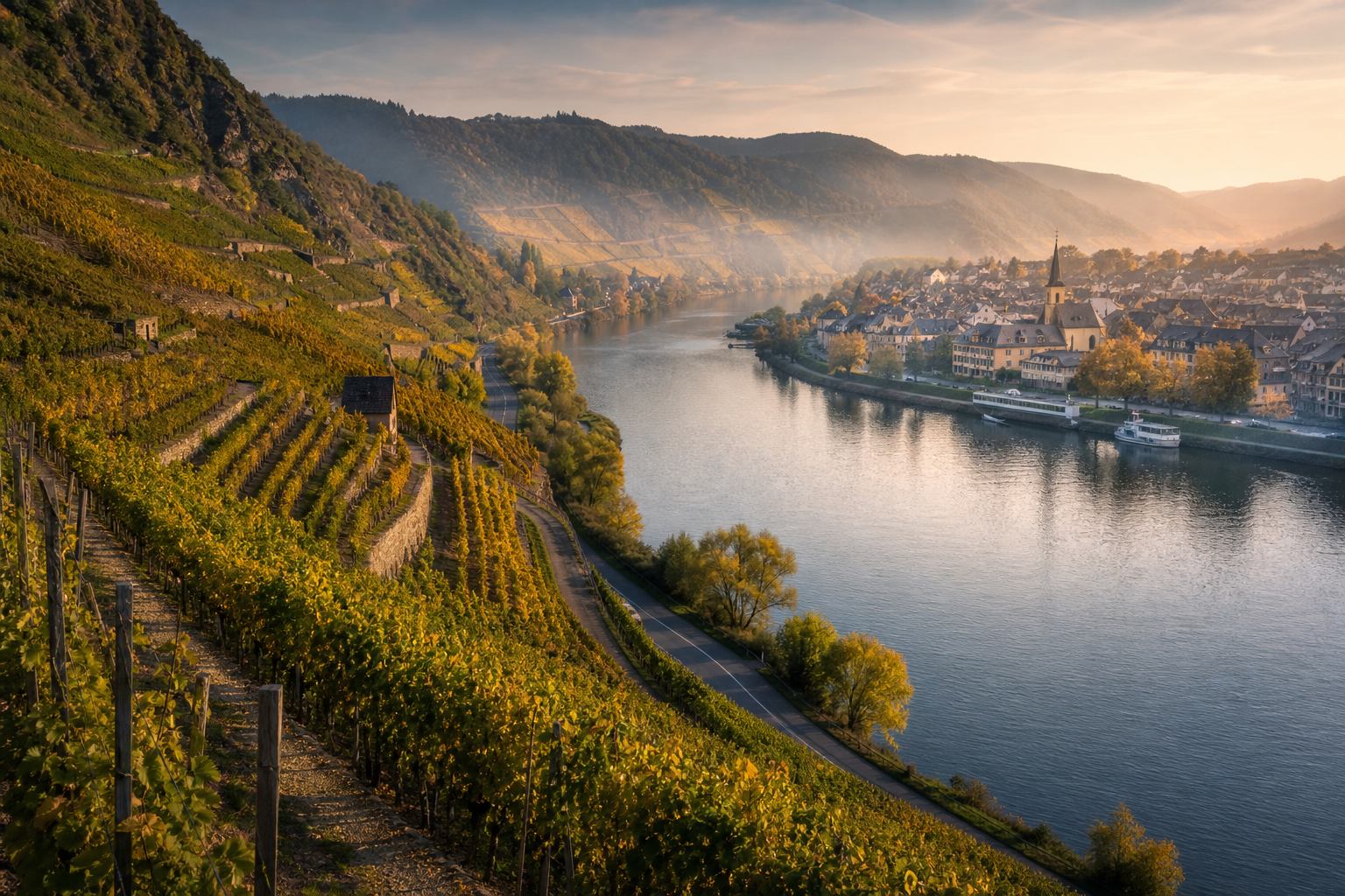 Weinberge entlang der Mosel bei Abendlicht