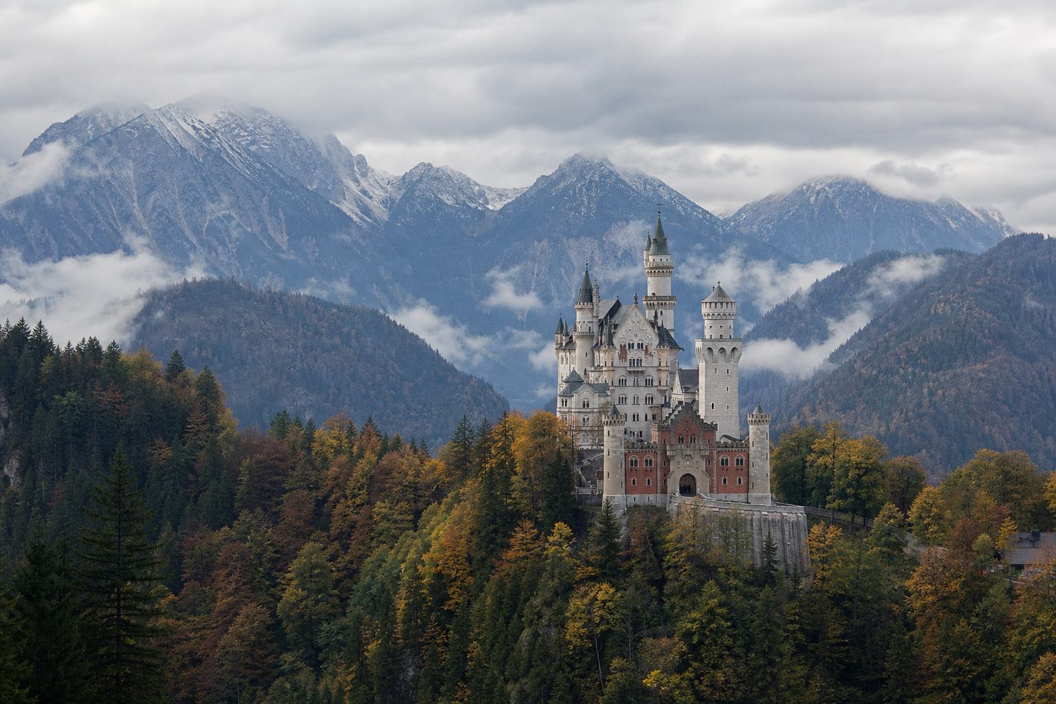Schloss Neuschwanstein auf bewaldetem Bergrücken